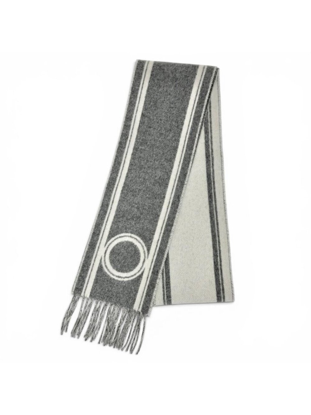 Hermes Band de Repo Cashmere Gray Flannel Ivoire Bicolor Fringe Long Scarf